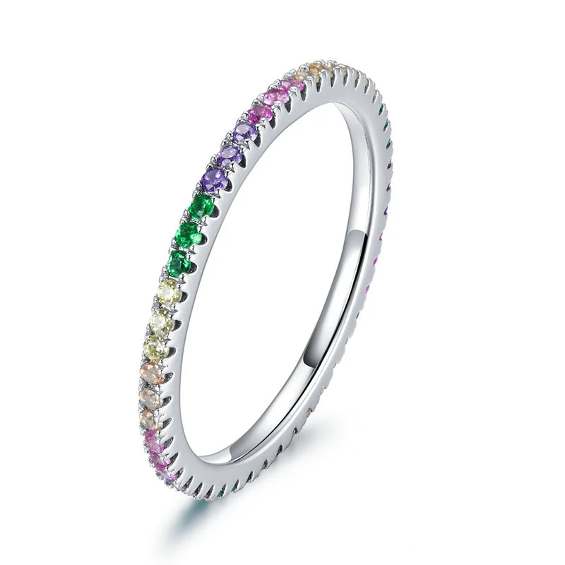 Silver Rainbow Rings Full Zircons for Women Trendy Dazzling Stackable Bezel