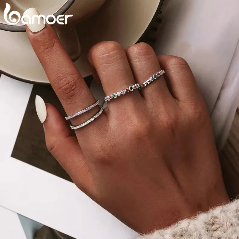 Silver Rainbow Rings Full Zircons for Women Trendy Dazzling Stackable Bezel