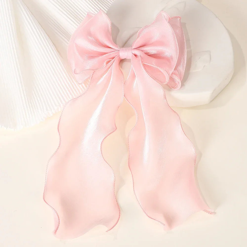 Girls Long Big Bow Float Satin Clips Back Head Hair Clip Internet Red with The Same Temperament Elegant Hair Accessories gifts