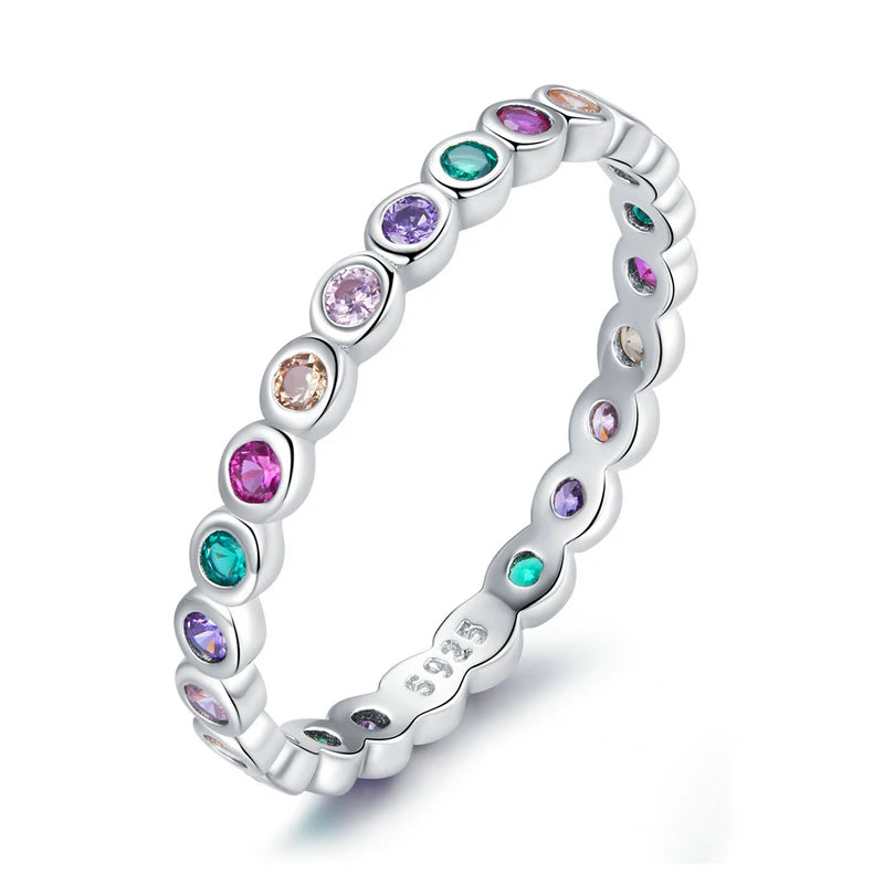 Silver Rainbow Rings Full Zircons for Women Trendy Dazzling Stackable Bezel