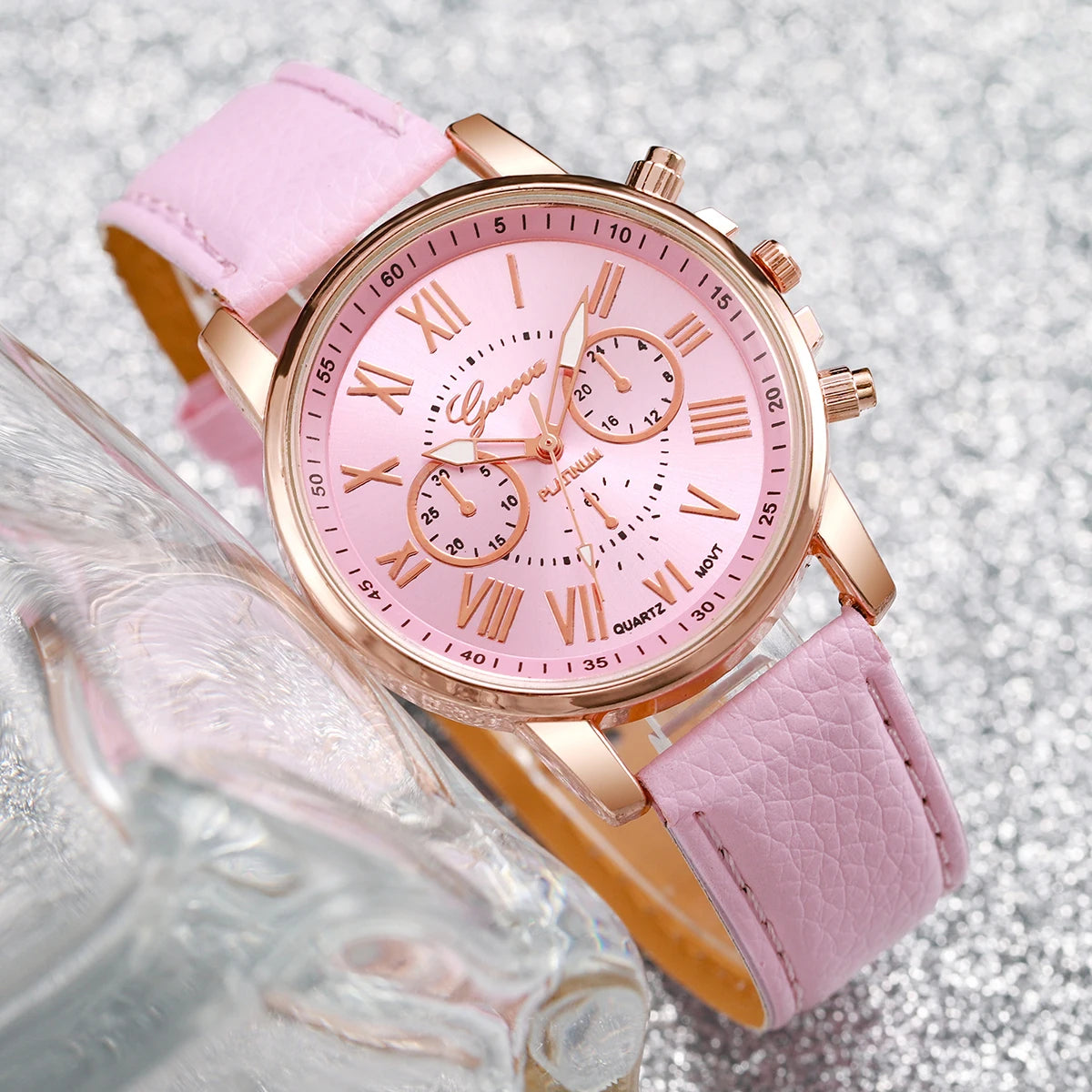 6PCs/Set Women's Watch Set Unique College Style Design Roman Leather Quartz Watch Bracelet Set