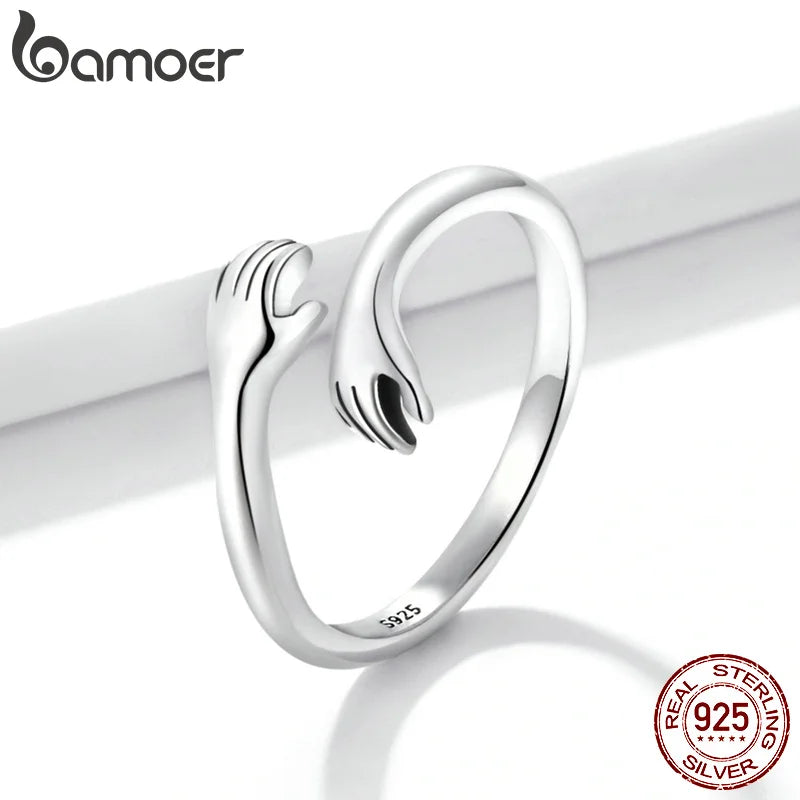 925 Sterling Silver Hug Open Ring Warmth and Love Hand Adjustable for Women Party Jewelry, His Big Loving Family Gift