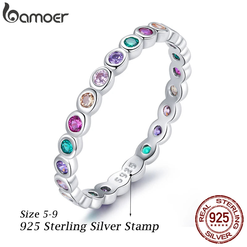 Silver Rainbow Rings Full Zircons for Women Trendy Dazzling Stackable Bezel