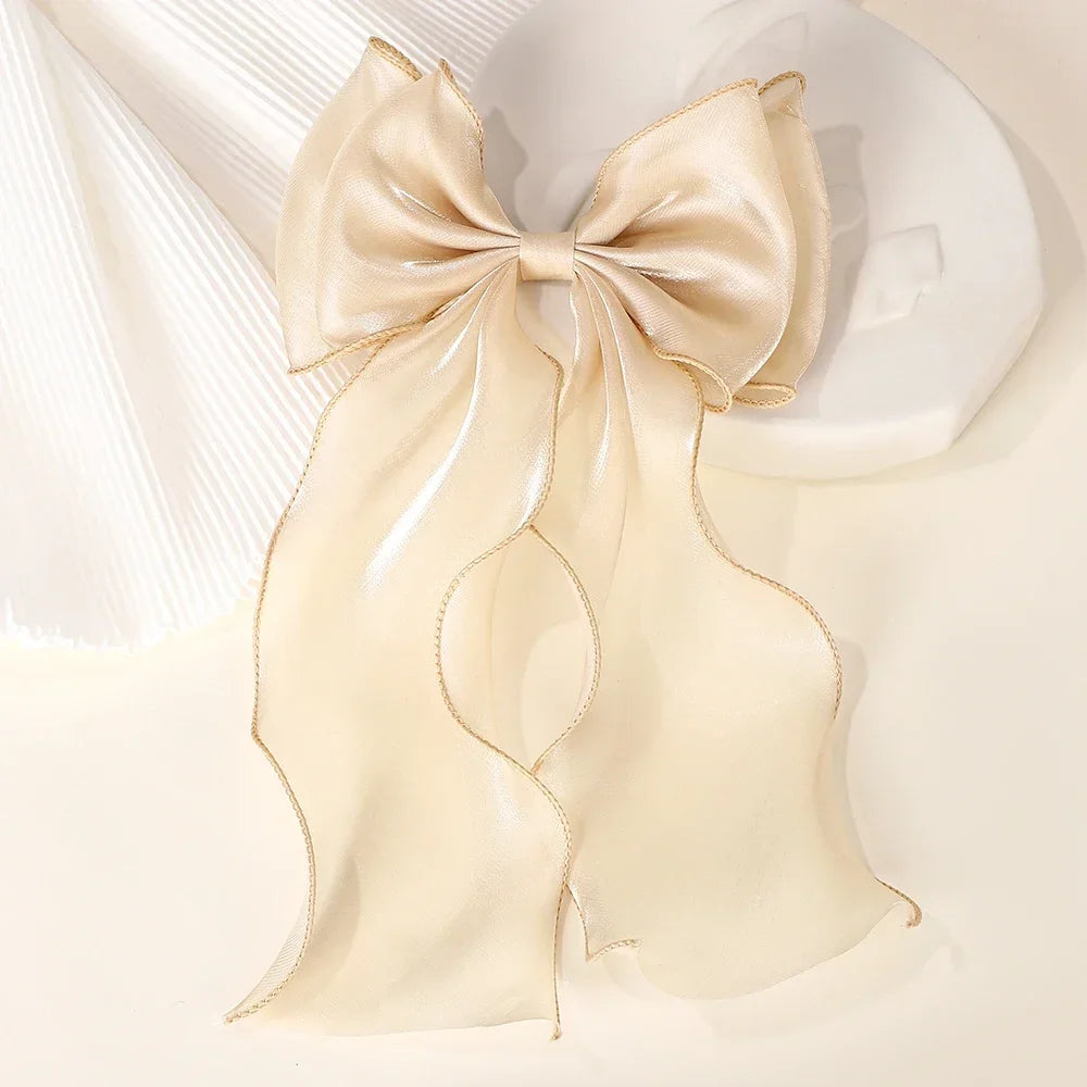 Girls Long Big Bow Float Satin Clips Back Head Hair Clip Internet Red with The Same Temperament Elegant Hair Accessories gifts