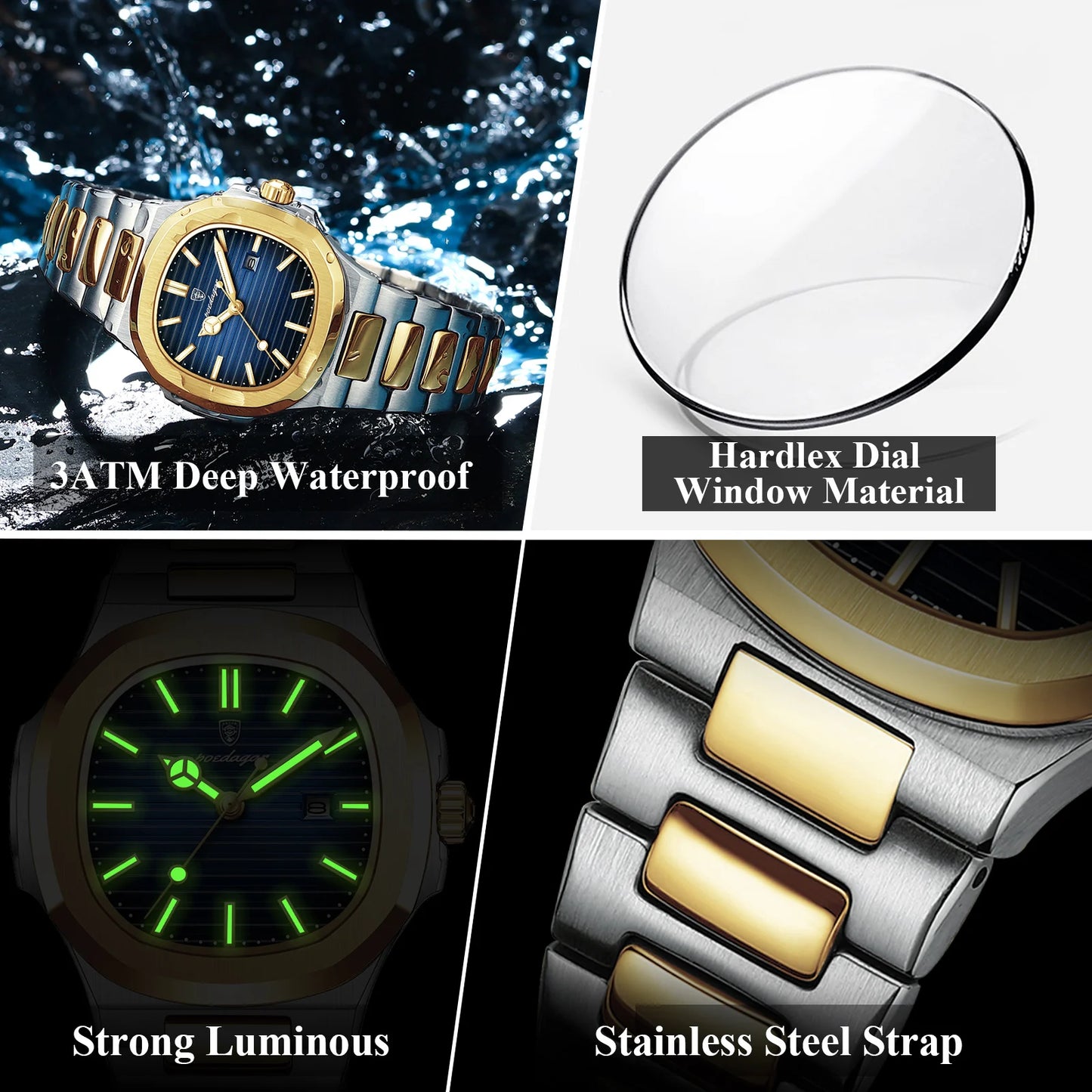 POEDAGAR Luxury Square Watch for Woman Waterproof Luminous Date Ladies Watch Stainless Steel Quartz Women's Watches Female