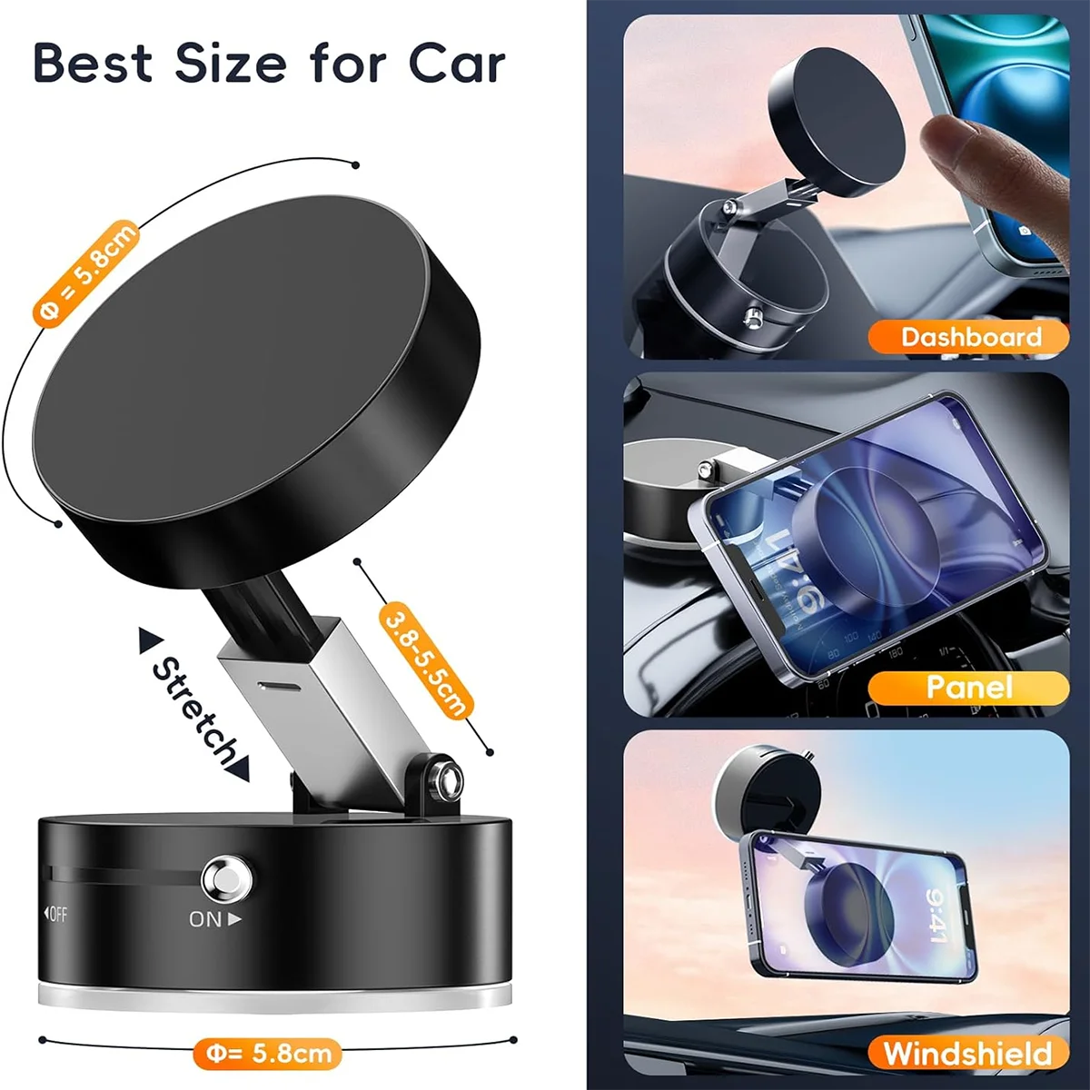 New Model 360-Degree Rotating Aluminum Alloy Magnetic Vacuum Suction Cup Car Phone Holder, Portable New Design
