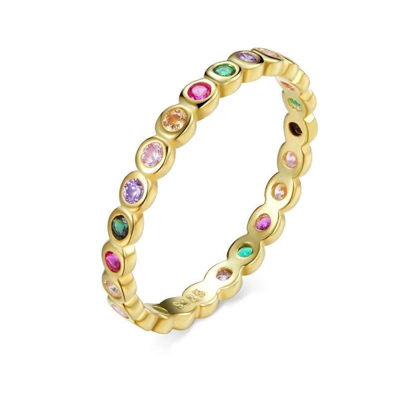 Silver Rainbow Rings Full Zircons for Women Trendy Dazzling Stackable Bezel