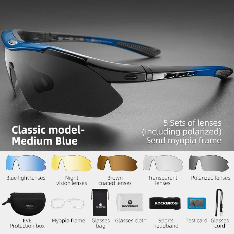 ROCKBROS Polarized Cycling Glasses Men Sports Sunglasses Road MTB Mountain Bike Bicycle Riding Protection Goggles Eyewear 5 Lens