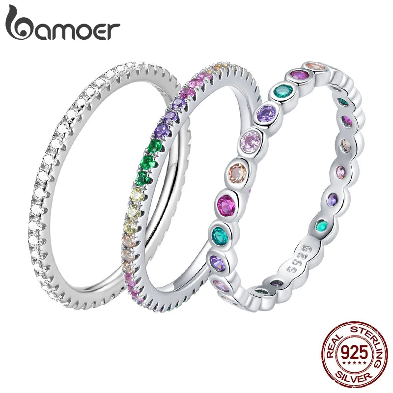 Silver Rainbow Rings Full Zircons for Women Trendy Dazzling Stackable Bezel