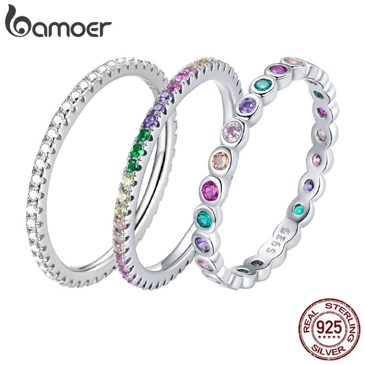 Silver Rainbow Rings Full Zircons for Women Trendy Dazzling Stackable Bezel