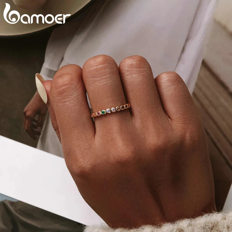 Silver Rainbow Rings Full Zircons for Women Trendy Dazzling Stackable Bezel