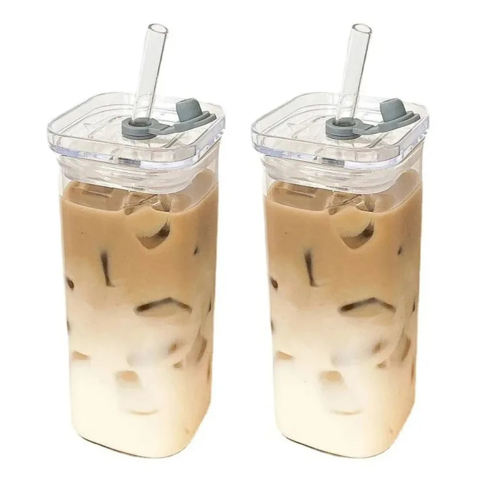 1pcs Square Heat Resistant Coffee Glass Cup With Lid and Straw Transparent Milk Tea Juice Cups Coffee Mug For Home Bar Drinkware